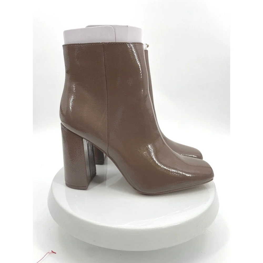 Michael‎ Kors Sterling Ankle Boots Womens 10 Taupe Patent Block Heel Square Toe